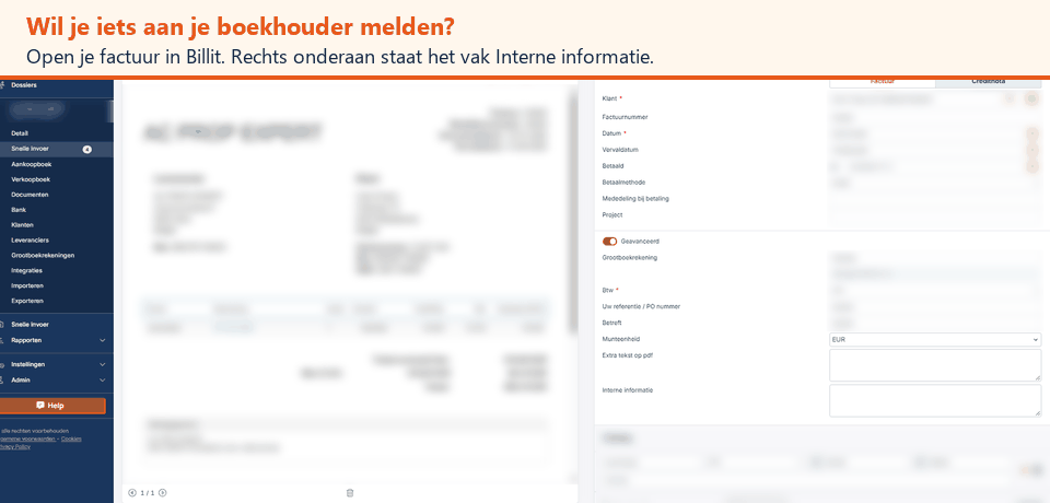 Voorbeeld: in het vak Interne informatie typ je 100 % in de zaak.